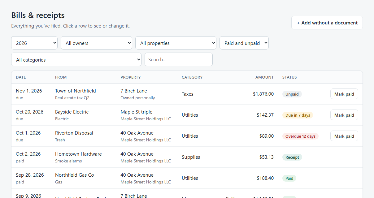 The list of bills and receipts with dates, vendors, properties and owners, categories, amounts and paid status.